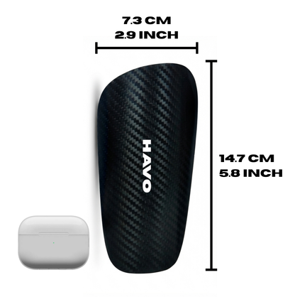 HAVO Carbon Fiber Shin Pads close-up showing 6-layer construction and ergonomic design