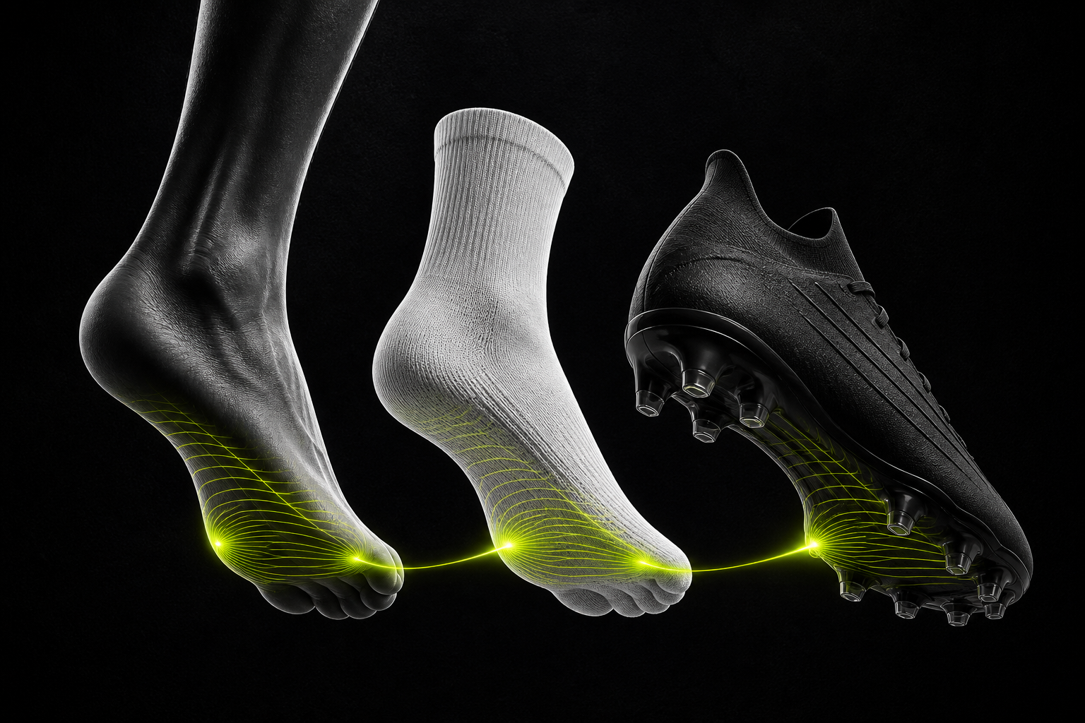 Exploded illustration showing a foot, thin grip sock and football boot as one connected system